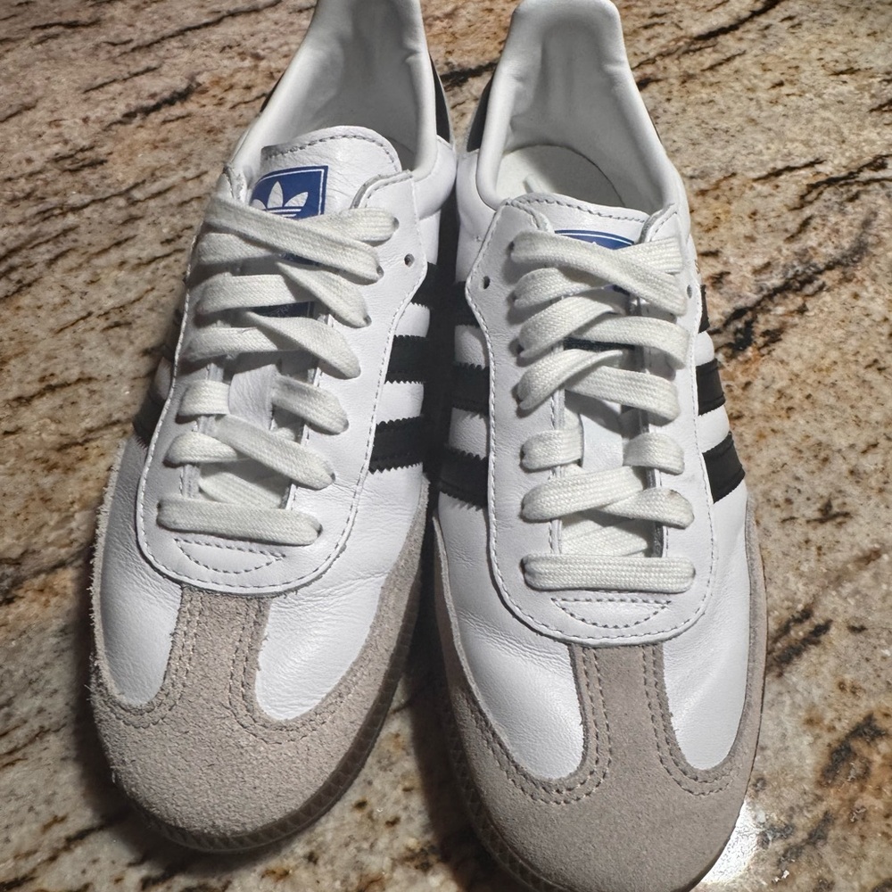 Adidas White and Black Sneakers with Brown Sole